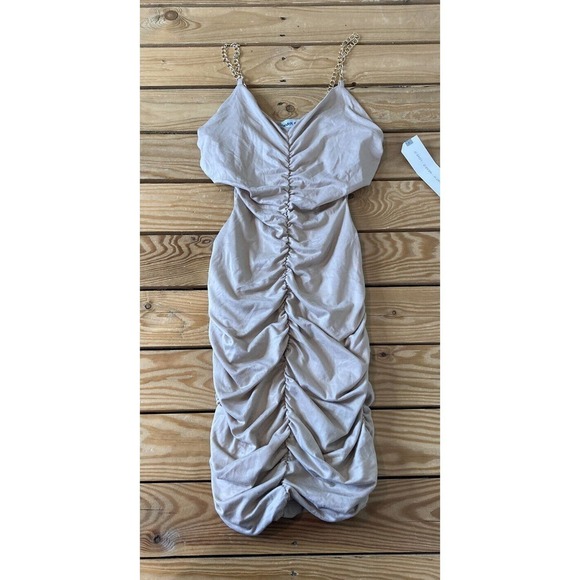Almost Famous Dresses & Skirts - NWT Almost Famous Ruched Mini Dress Size Small Beige Sleeveless Chain Strap